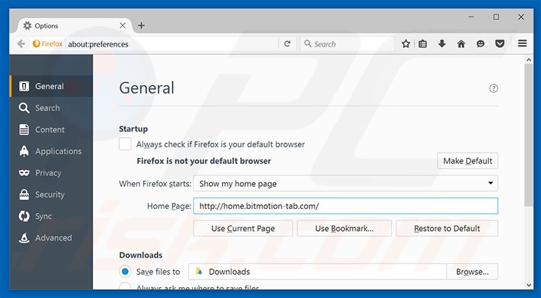 Verwijder home.bitmotion-tab.com als startpagina in Mozilla Firefox