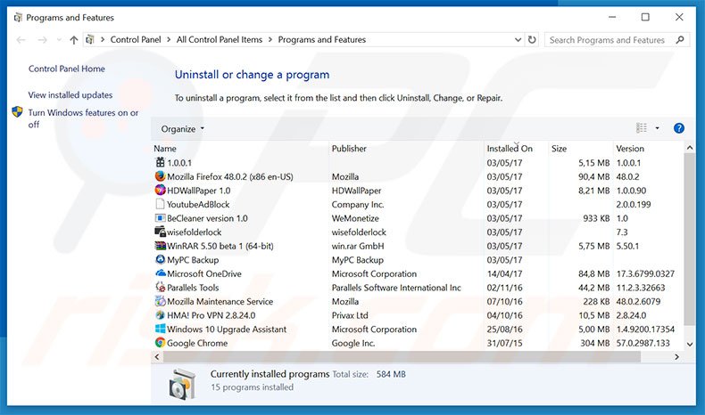 Hyper-V Manager adware verwijdering via Controle Paneel