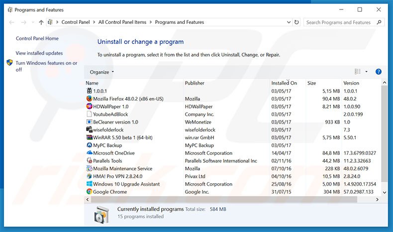 Hyper-V Manager adware verwijdering via Controle Paneel