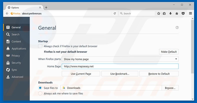 Verwijder mapseasy.net als startpagina in Mozilla Firefox