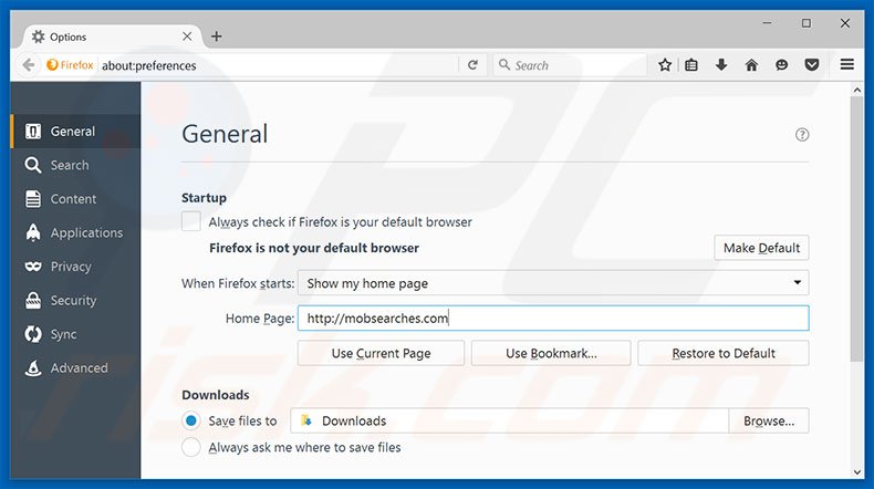 Verwijder mobsearches.com als startpagina in Mozilla Firefox