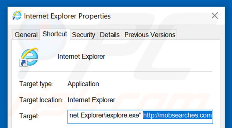 Verwijder mobsearches.com als doel van de Internet Explorer snelkoppeling stap 2