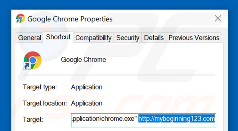 Verwijder mybeginning123.com als doel van de Google Chrome snelkoppeling stap 2