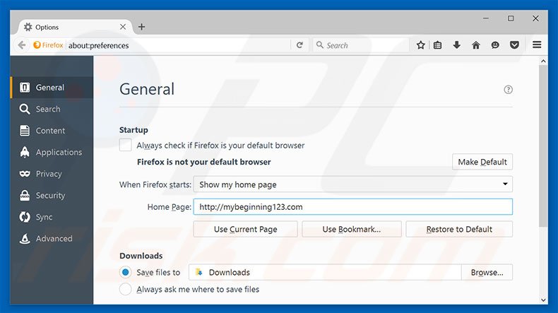Verwijder mybeginning123.com als startpagina in Mozilla Firefox