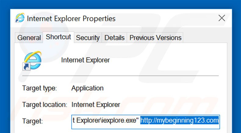 Verwijder mybeginning123.com als doel van de Internet Explorer snelkoppeling stap 2