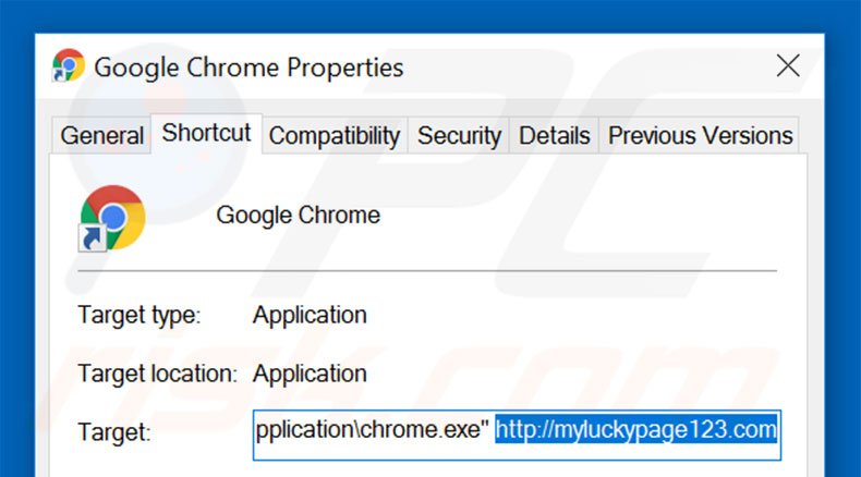 Verwijder myluckypage123.com als doel van de Google Chrome snelkoppeling stap 2