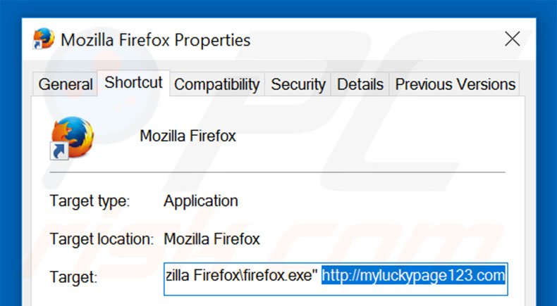 Verwijder myluckypage123.com als doel van de Mozilla Firefox snelkoppeling stap 2