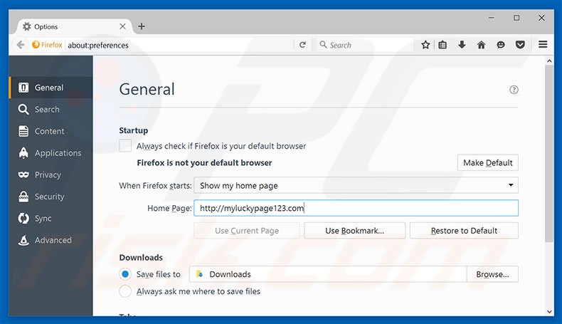 Verwijder myluckypage123.com als startpagina in Mozilla Firefox