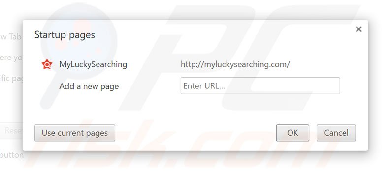 Verwijder myluckysearching.com als startpagina in Google Chrome