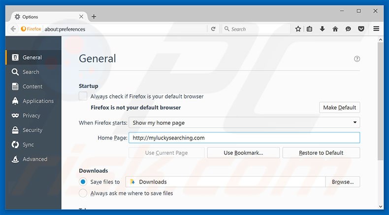 Verwijder myluckysearching.com als startpagina in Mozilla Firefox