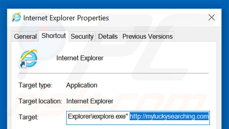 Verwijder myluckysearching.com als doel van de Internet Explorer snelkoppeling 2