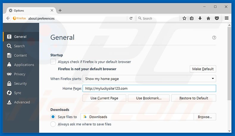 Verwijder myluckysite123.com als startpagina in Mozilla Firefox