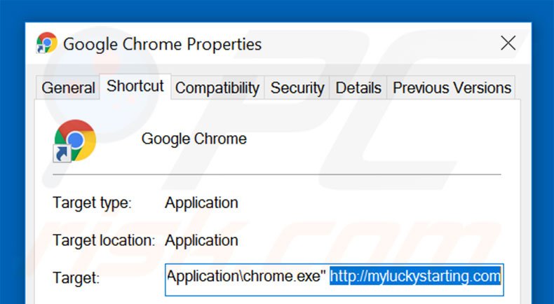 Verwijder myluckystarting.com als doel van de Google Chrome snelkoppeling stap 2
