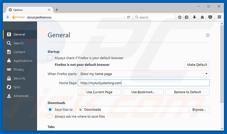 Verwijder myluckystarting.com als startpagina in Mozilla Firefox