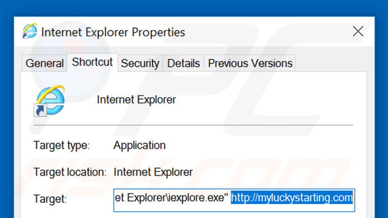 Verwijder myluckystarting.com als doel van de Internet Explorer snelkoppeling stap 2