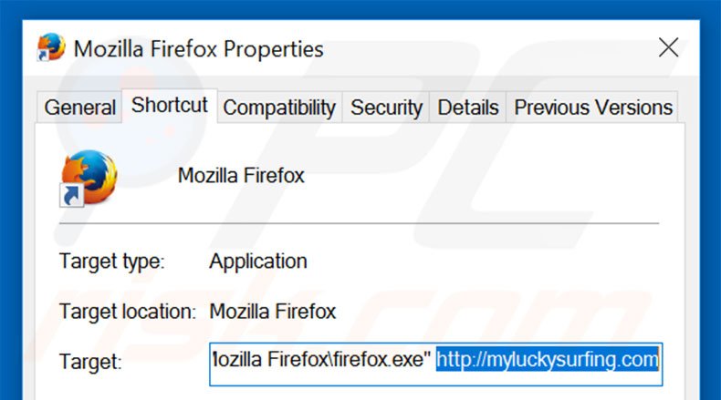 Verwijder myluckysurfing.com als doel van de Mozilla Firefox snelkoppeling stap 2