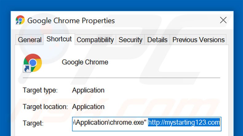 Verwijder mystarting123.com als doel van de Google Chrome snelkoppeling stap 2