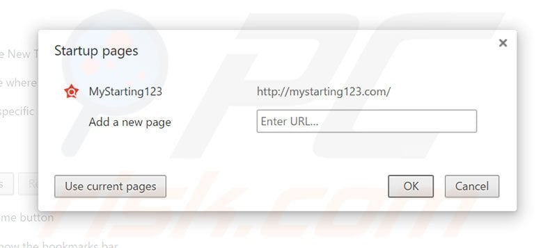 Verwijder mystarting123.com als startpagina in Google Chrome