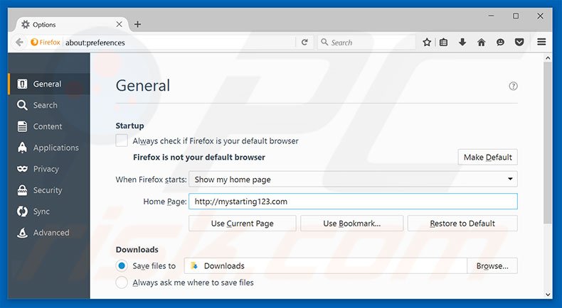 Verwijder mystarting123.com als startpagina in Mozilla Firefox