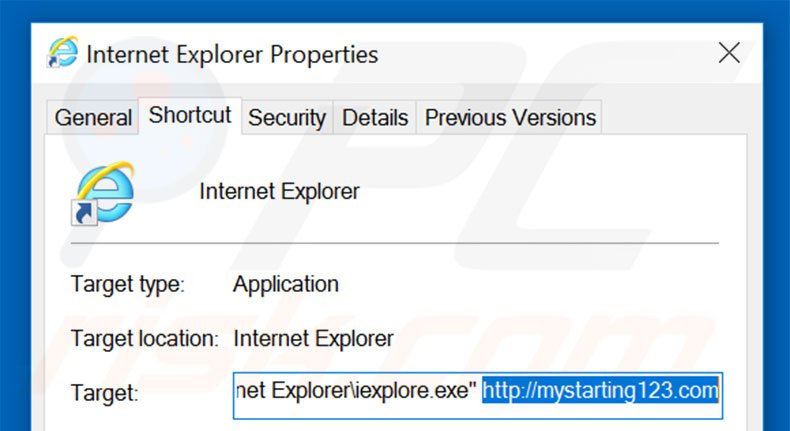 Verwijder mystarting123.com als doel van de Internet Explorer snelkoppeling stap 2