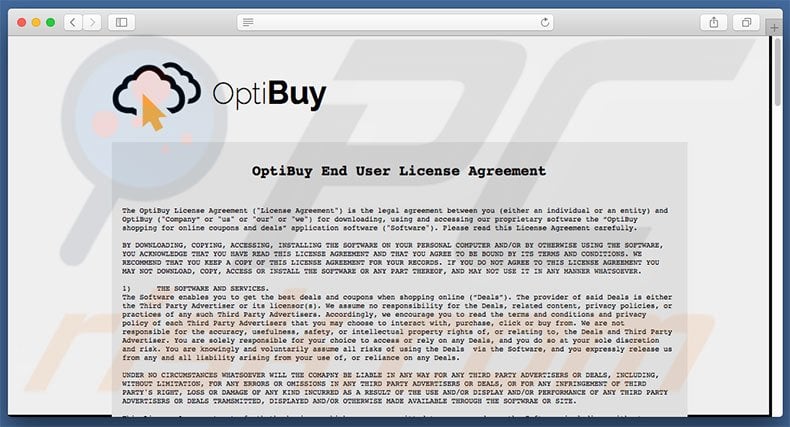 OptiBuy adware website - Algemene voorwaarden