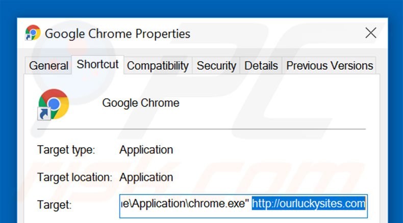 Verwijder ourluckysites.com als doel van de Google Chrome snelkoppeling stap 2