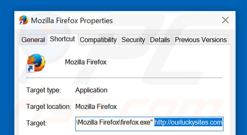 Verwijder ourluckysites.com als doel van de Mozilla Firefox snelkoppeling stap 2