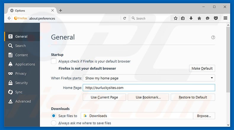 Verwijder ourluckysites.com als startpagina in Mozilla Firefox