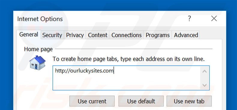 Verwijder ourluckysites.com als startpagina in Internet Explorer