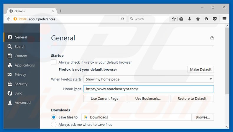 Verwijder searchencrypt.com als startpagina in Mozilla Firefox