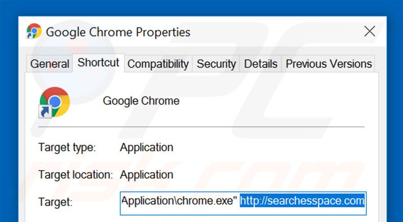 Verwijder searchesspace.com als doel van de Google Chrome snelkoppeling stap 2