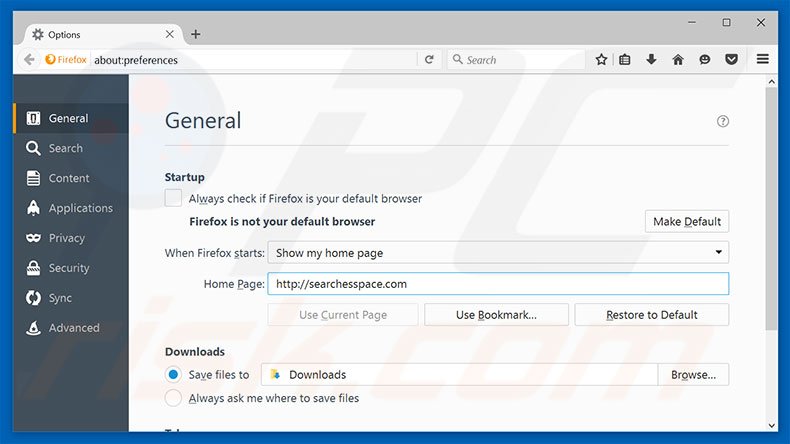Verwijder searchesspace.com als startpagina in Mozilla Firefox