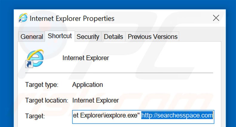 Verwijder searchesspace.com als doel van de Internet Explorer snelkoppeling stap 2