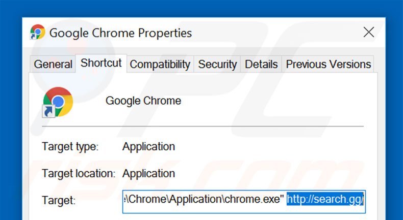 Verwijder search.gg uit Google Chrome snelkoppelingsodel stap 2
