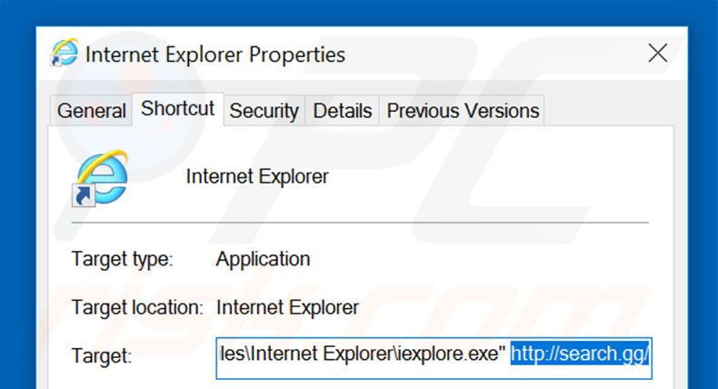 Verwijder search.gg uit Internet Explorer snelkoppelingsdoel stap 2