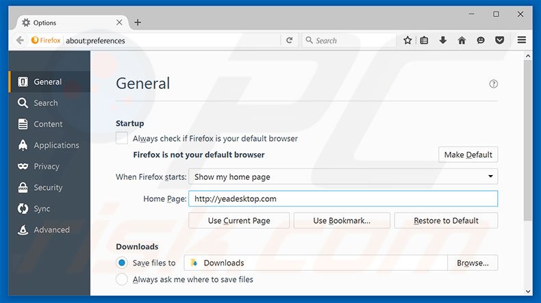 Verwijder yeadesktop.com als startpagina in Mozilla Firefox
