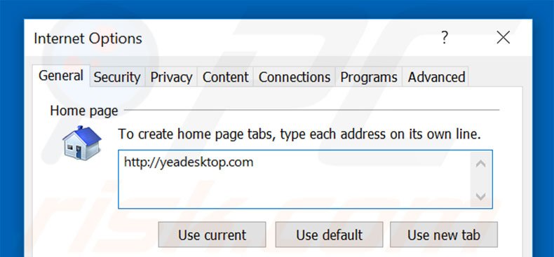 Verwijder yeadesktop.com als startpagina in Internet Explorer