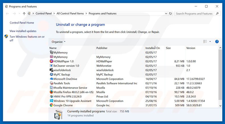 yeadesktop.com browser hijacker verwijdering via het Controle Paneel