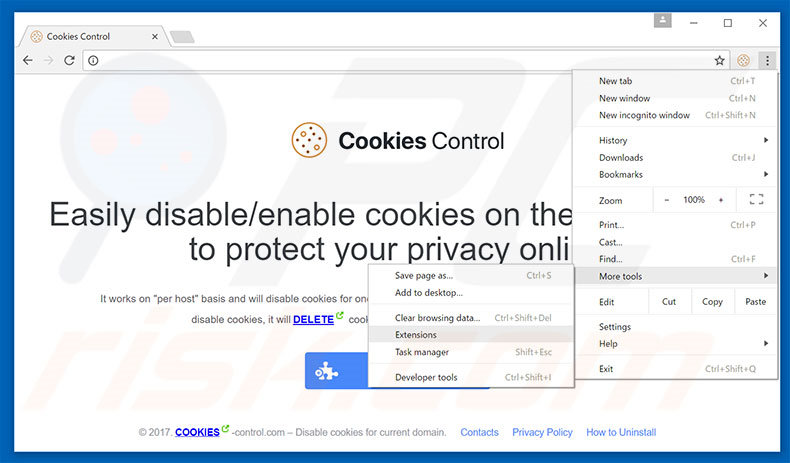Verwijder de Cookies Control advertenties uit Google Chrome stap 1