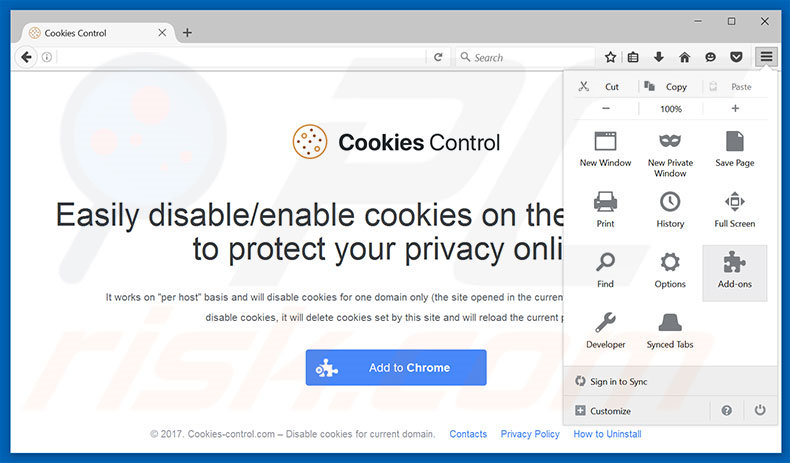 Verwijder de Cookies Control advertenties uit Mozilla Firefox stap 1