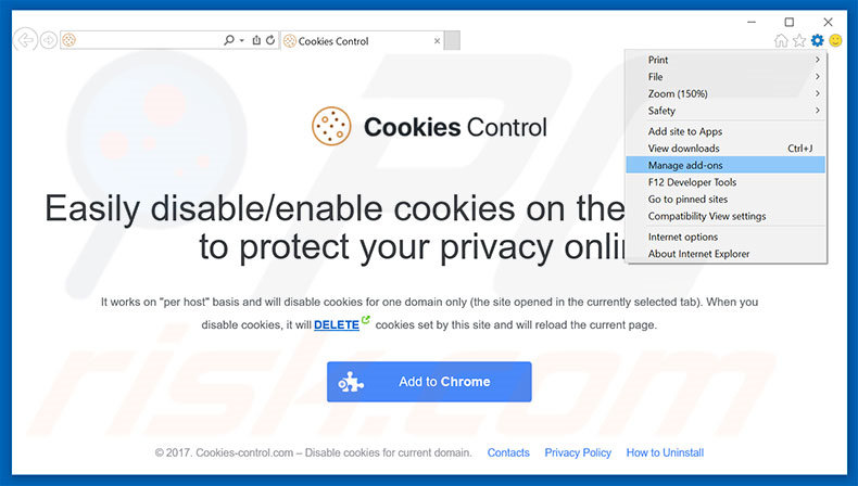 Verwijder de Cookies Control advertenties uit Internet Explorer stap 1