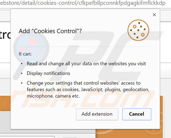 Cookies Control adware vraagt toestemming voor het toevoegen van add-ons