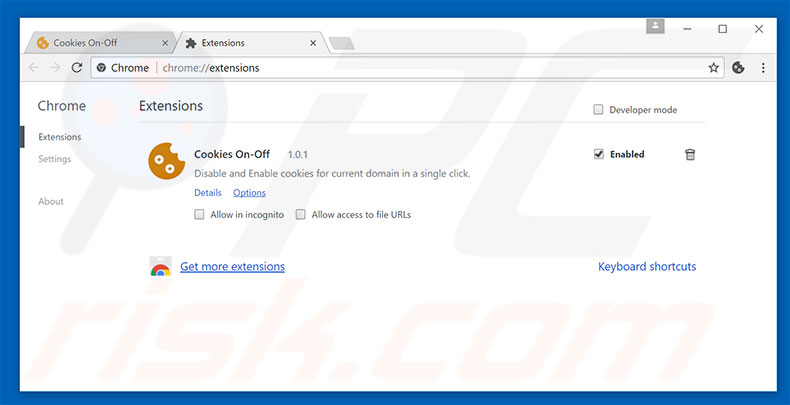 erwijder de Cookies On-Off advertenties uit Google Chrome stap 2