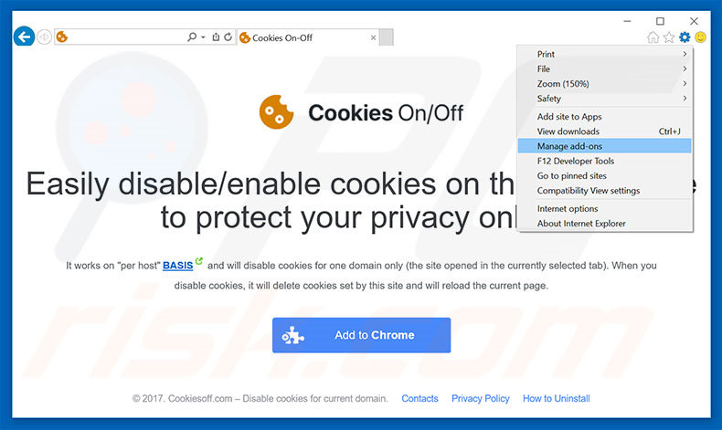Verwijder de Cookies On-Off advertenties uit Internet Explorer stap 1