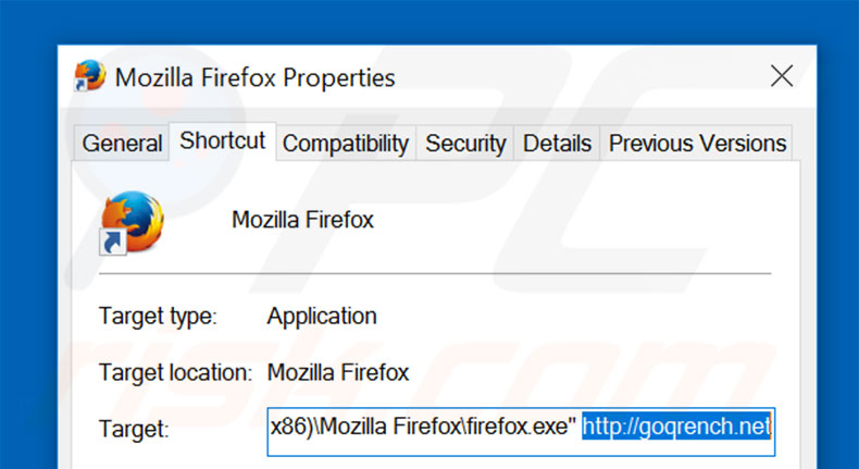 Verwijder goqrench.net als doel van de Mozilla Firefox snelkoppeling stap 2
