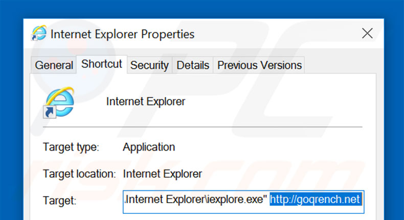 Verwijder goqrench.net als doel van de Internet Explorer snelkoppeling stap 2