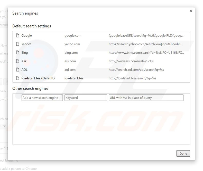 Verwijder loadstart.biz als standaard zoekmachine in Google Chrome