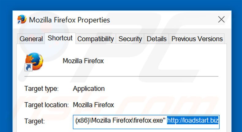 Verwijder loadstart.biz als doel van de Mozilla Firefox snelkoppeling stap 2