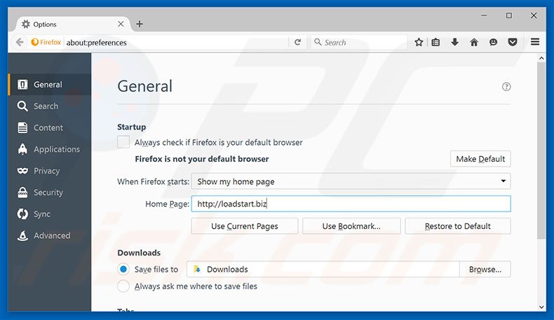 Verwijder loadstart.biz als startpagina in Mozilla Firefox