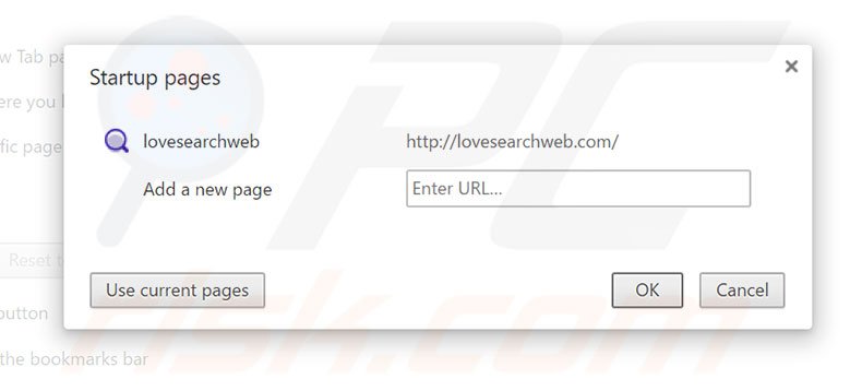 Verwijder lovesearchweb.com als startpagina in Google Chrome